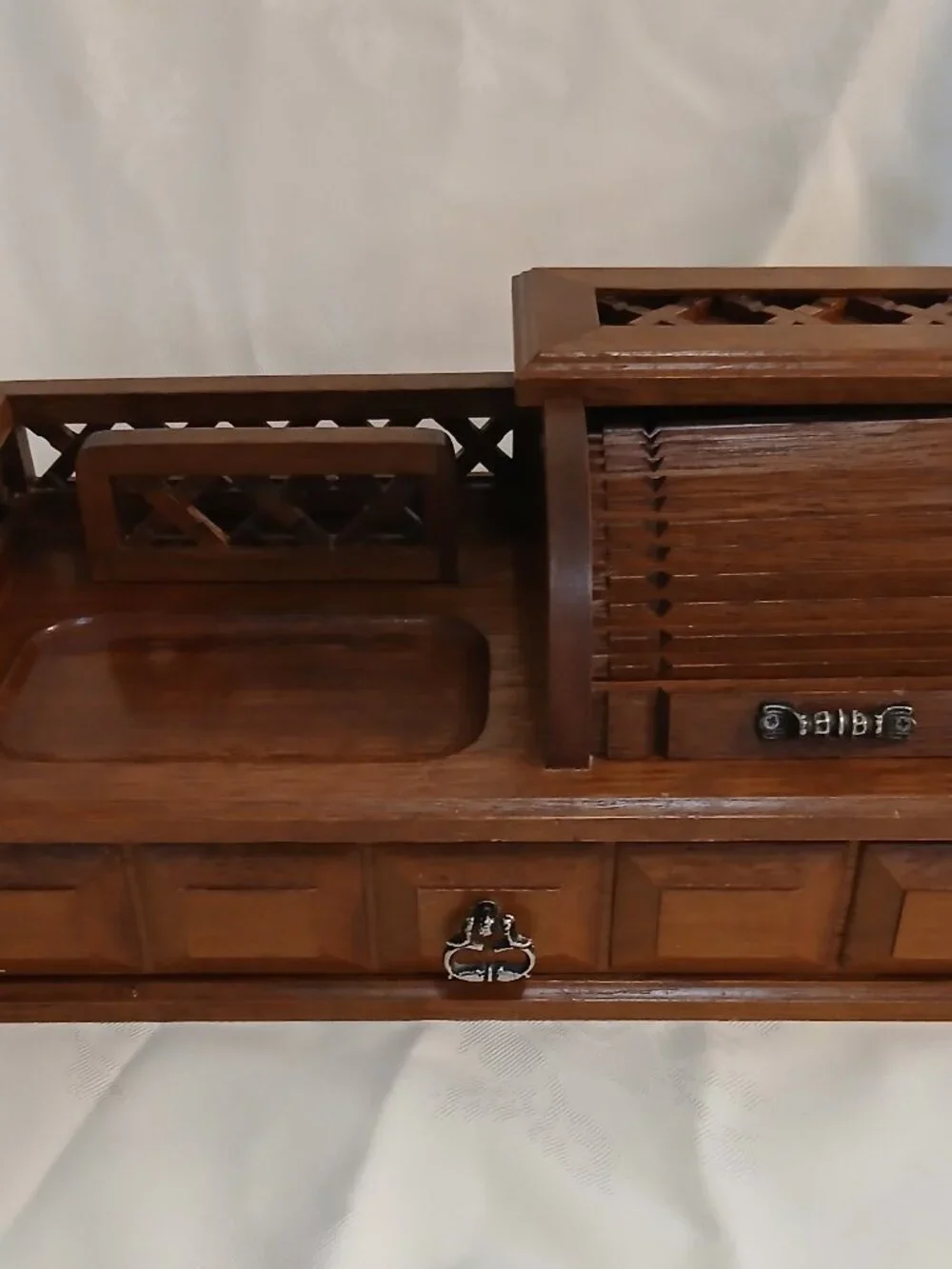 Vintage Mont. Wards Wooden Valet Box with Roll Top Compartment